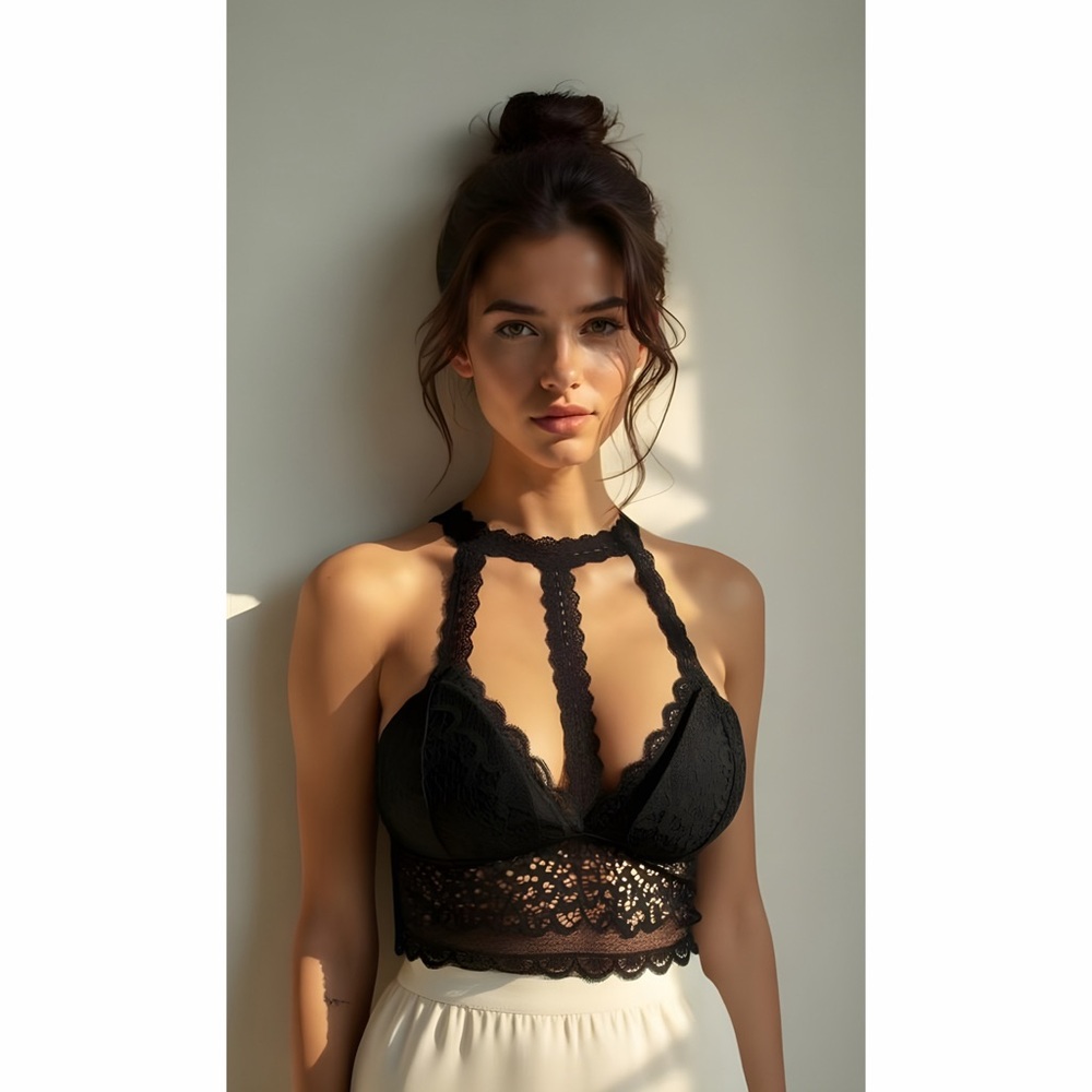 Lace Halter Bralette‎ | Removable Padding | One Size | Blush or Black
